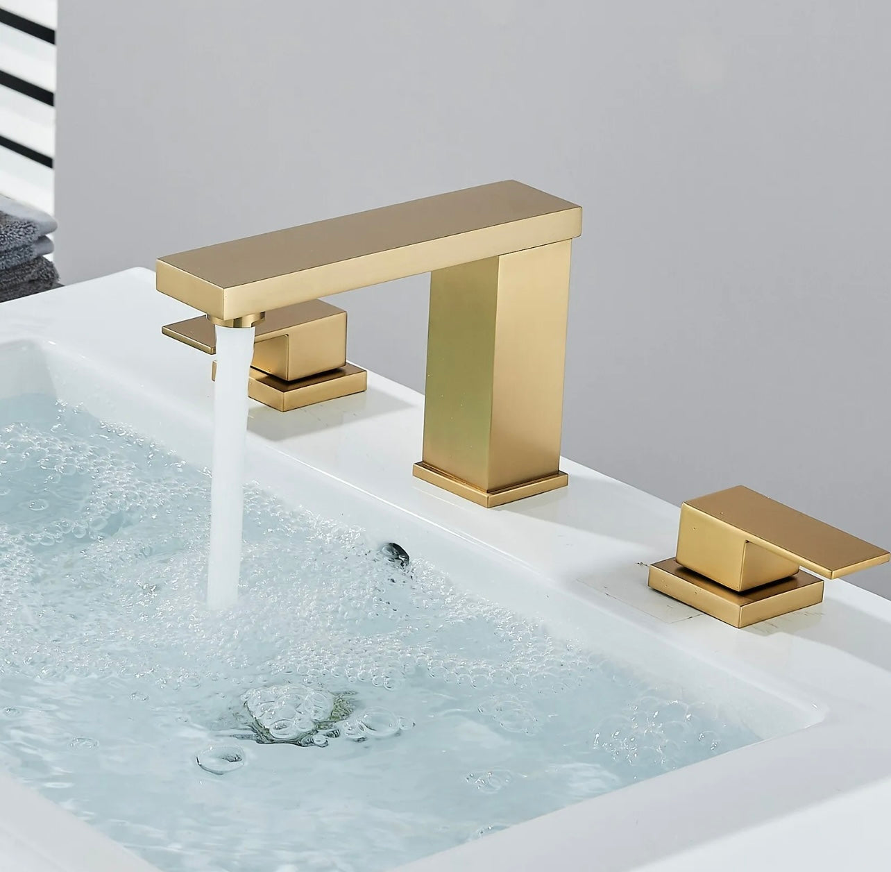 #1412 Brushed Gold 3 Holes 2 Handle Waterfall Vanity Faucet