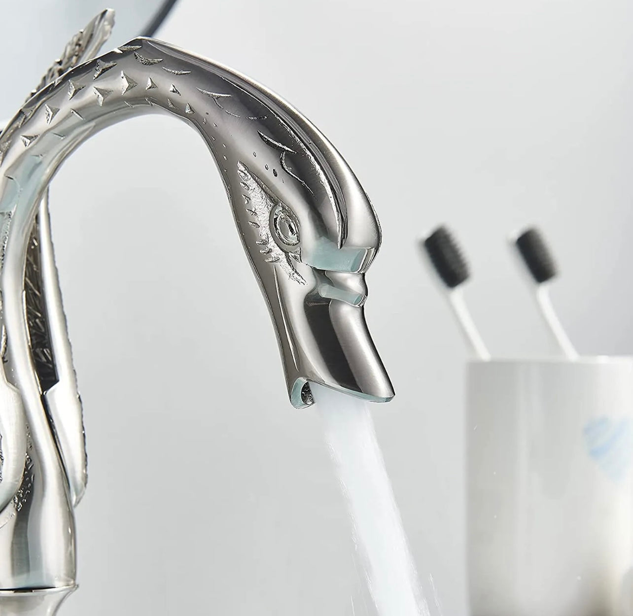 #1413 Brushed Nickel Swan 2 Handle Crystal Knobs 3 Holes Waterfall Spout Vanity Faucet