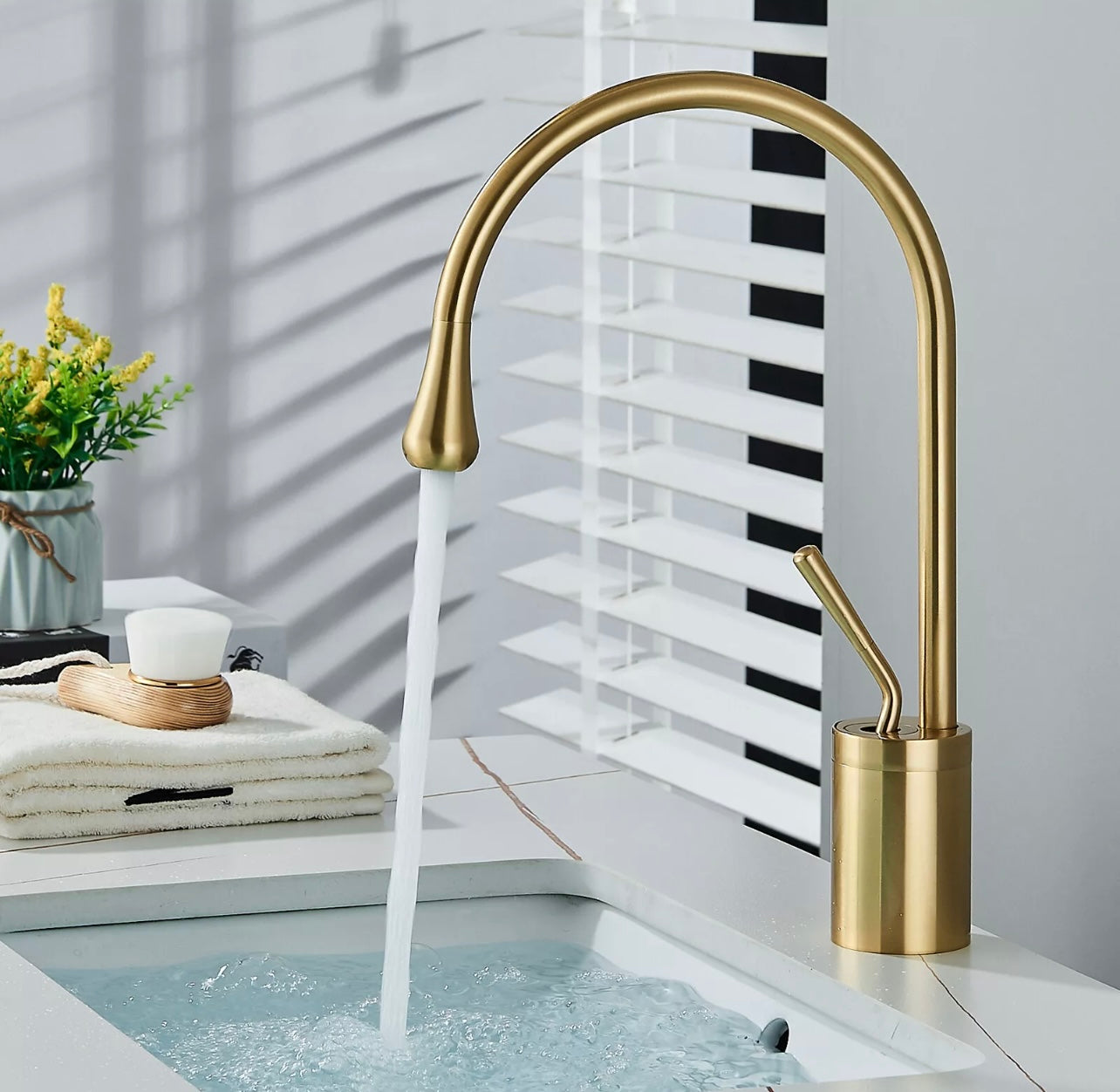 Brushed gold goose neck waterfall vanity faucet