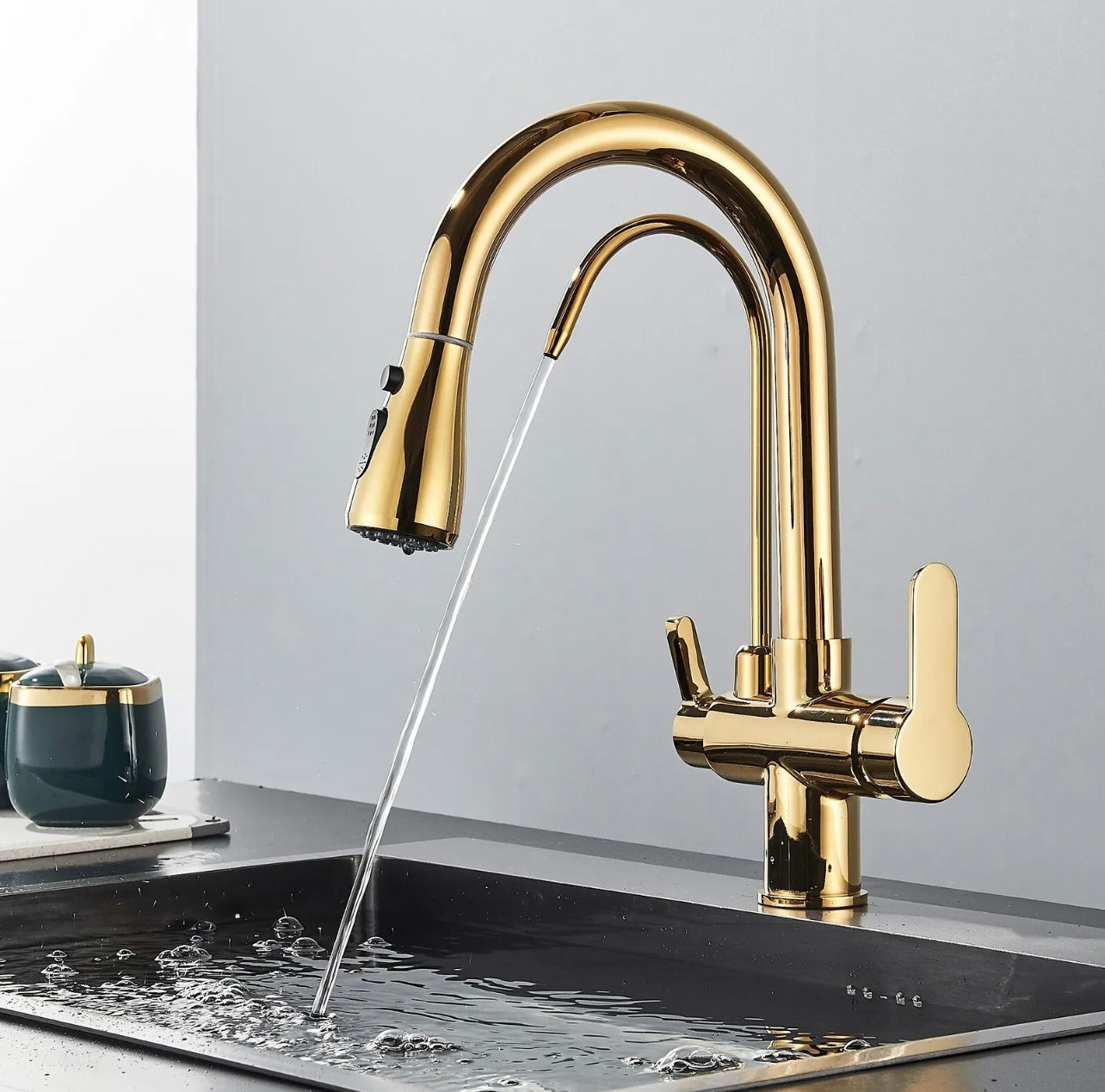 #1559 Gold Kitchen Sink Faucet Pull Down Sprayer 2 Handle 3 in 1 Water Filter Faucets