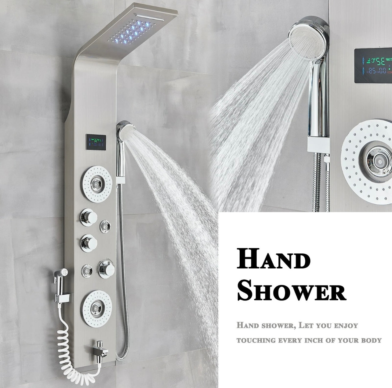 #1270 Brushed Nickel Stainless Steel Rainfall Waterfall LED Shower Panel Tower Massage Spray System