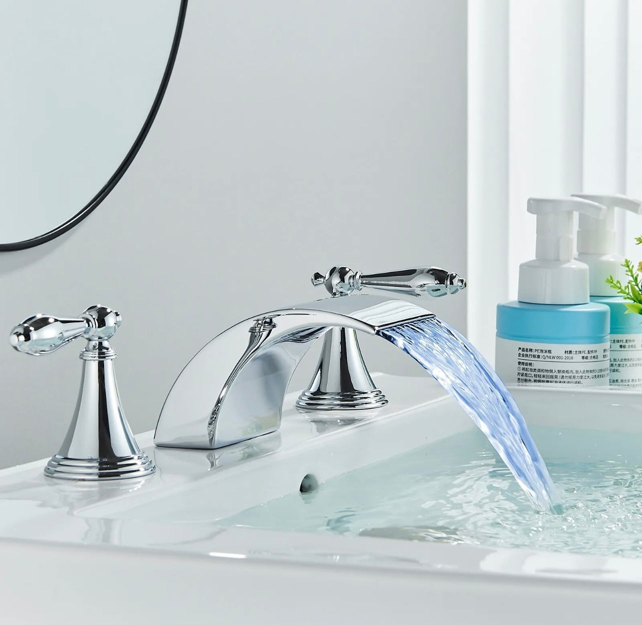 #1418 Chrome LED 3 Holes 2 Handle Waterfall Vanity Faucet