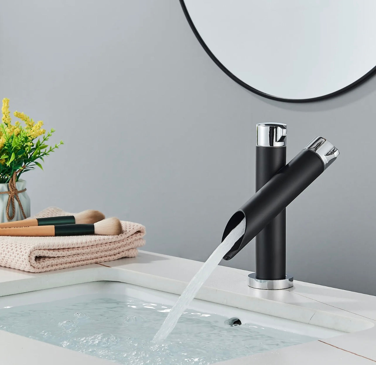 Matte Black Bathroom Sink Faucet Single Handle Hole Waterfall Vanity Basin Mixer