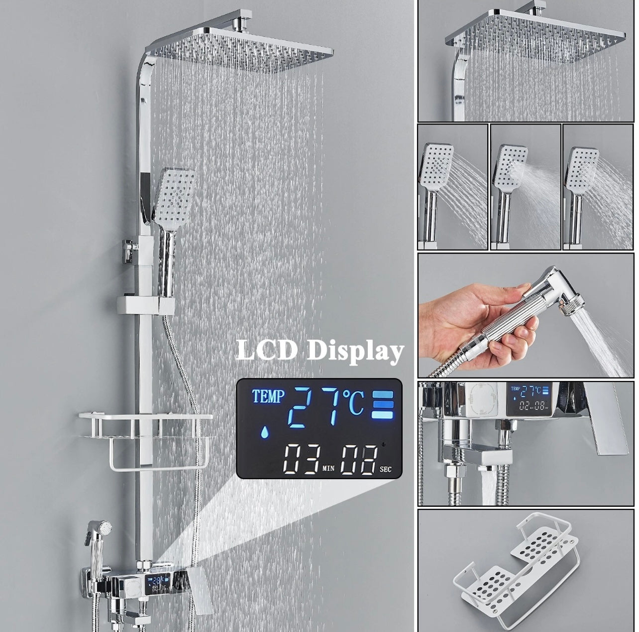 #1152 Chrome 4 In 1 Exposed Shower Faucet System LCD Temp Rainfall Head Combo with Hand Shower and Caddy Shelf