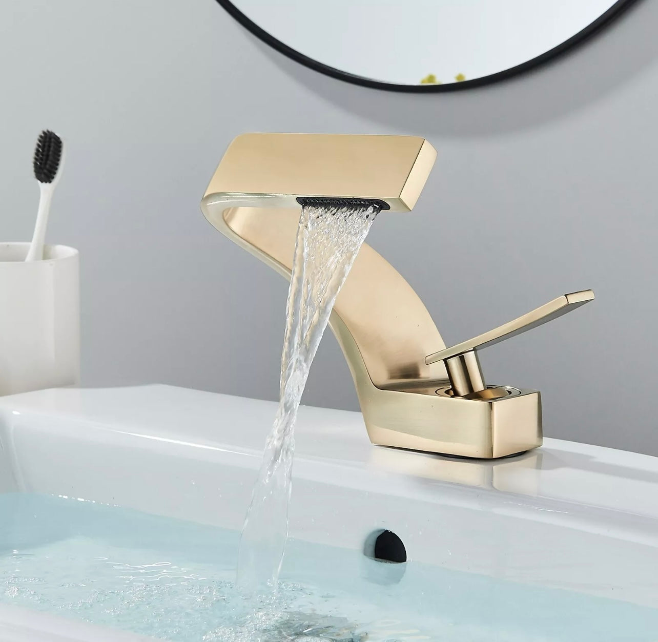 #1386 Brushed Gold Bathroom Sink Faucet Waterfall Vanity Mixer Faucet Single Handle