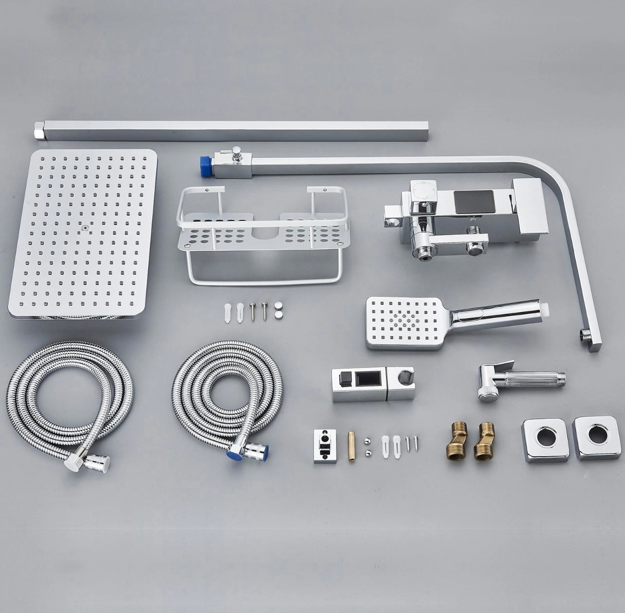 #1152 Chrome 4 In 1 Exposed Shower Faucet System LCD Temp Rainfall Head Combo with Hand Shower and Caddy Shelf