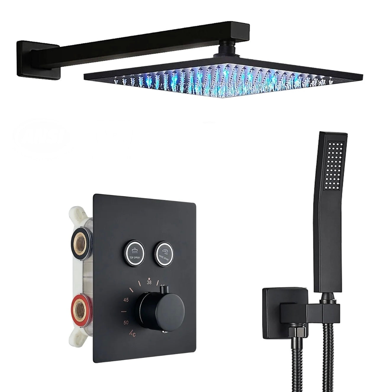 LED thermostatic 2 function rainfall shower system