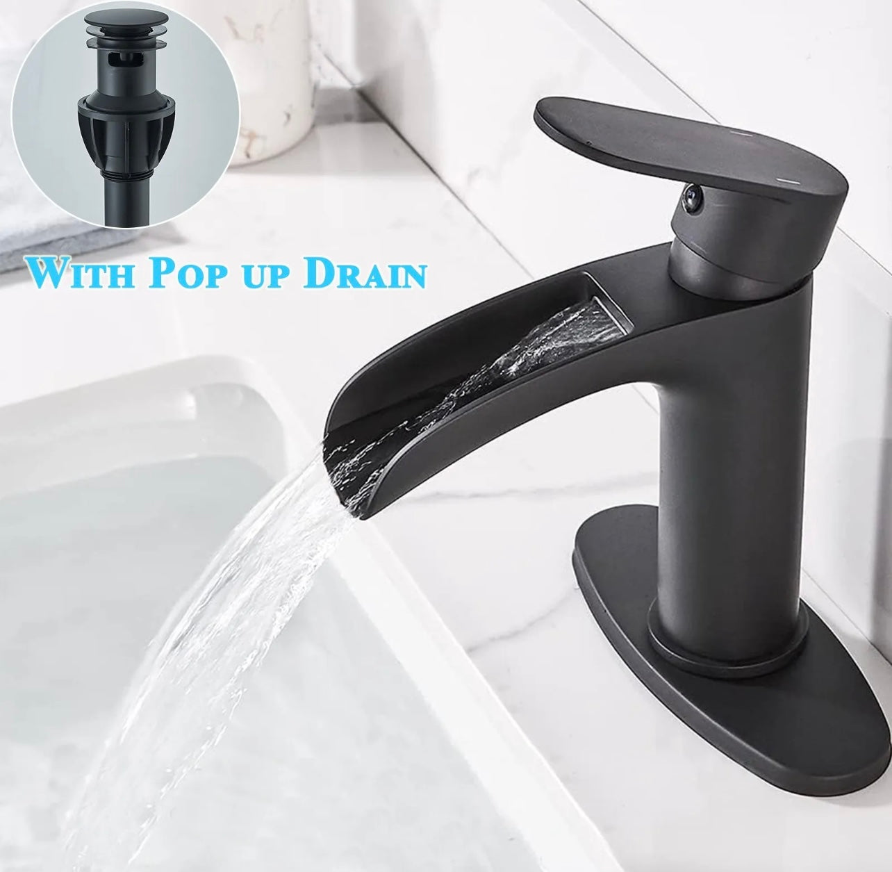 #1408 Matte black waterfall vanity faucet with popup drain