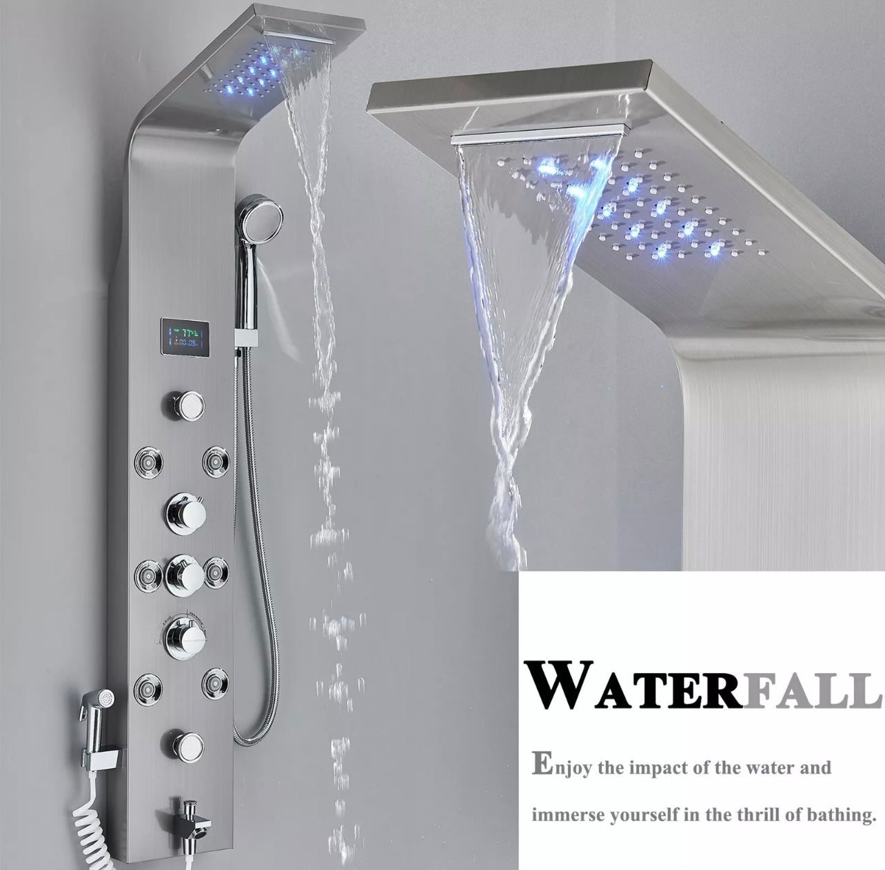 BRUSHED NICKEL 6 FUNCTION RAINFALL & WATERFALL LED SHOWER PANEL TOWER MASSAGE SPRAY SYSTEM