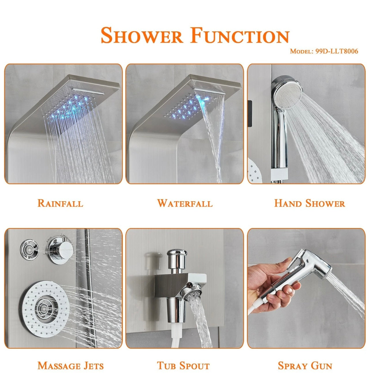 #1270 Brushed Nickel Stainless Steel Rainfall Waterfall LED Shower Panel Tower Massage Spray System