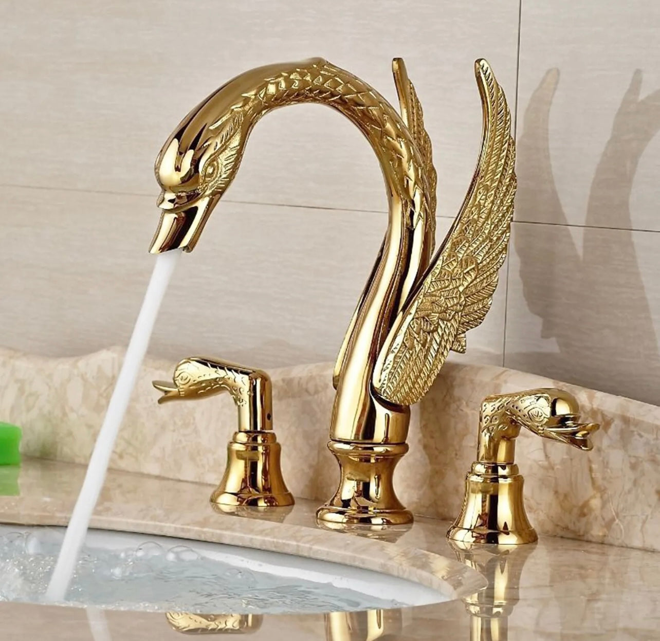 #1415 Gold Swan 2 Handle 3 Holes Waterfall Spout Vanity Faucet