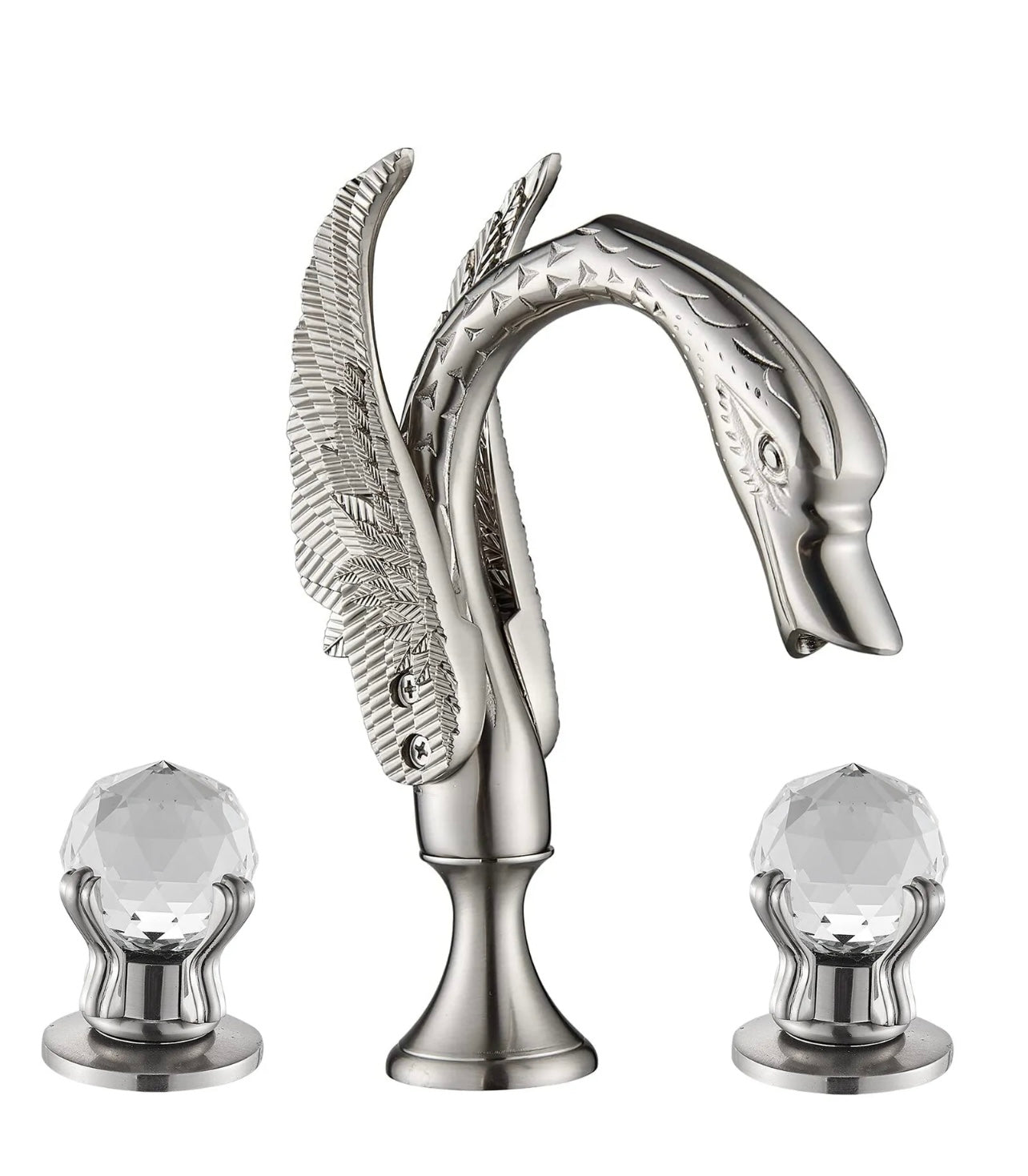 #1413 Brushed Nickel Swan 2 Handle Crystal Knobs 3 Holes Waterfall Spout Vanity Faucet