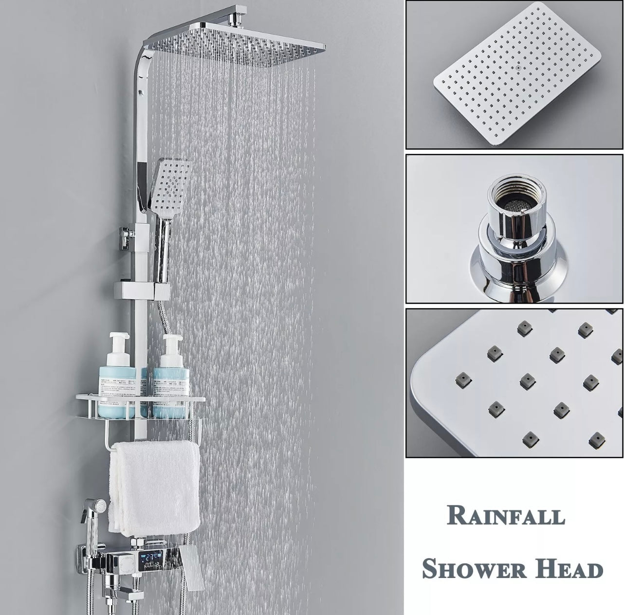 #1152 Chrome 4 In 1 Exposed Shower Faucet System LCD Temp Rainfall Head Combo with Hand Shower and Caddy Shelf