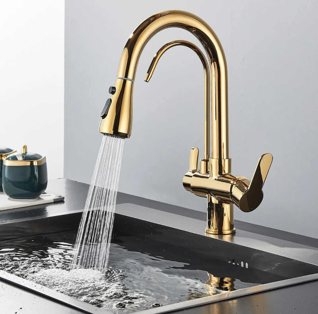 #1559 Gold Kitchen Sink Faucet Pull Down Sprayer 2 Handle 3 in 1 Water Filter Faucets