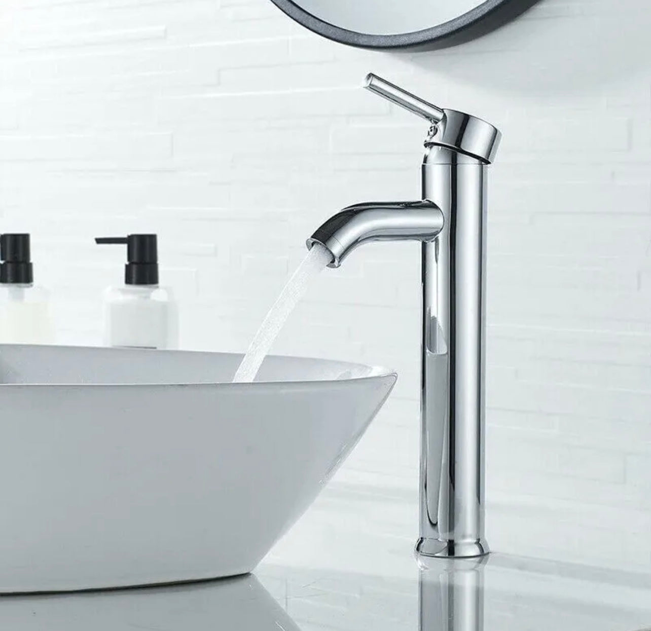 Chrome waterfall spout vessel faucet