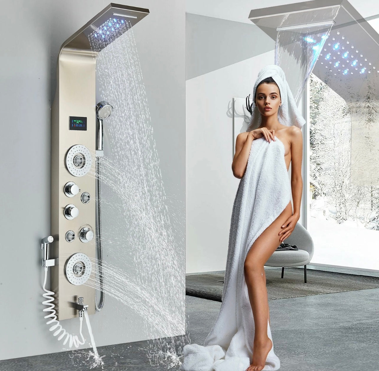 #1270 Brushed Nickel Stainless Steel Rainfall Waterfall LED Shower Panel Tower Massage Spray System