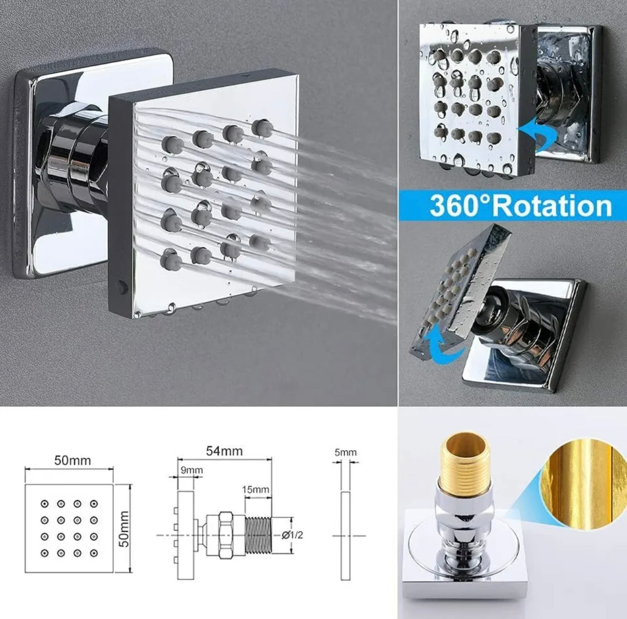 16x32 inch chrome led 3 function ceiling mount shower system with 6x massage jets