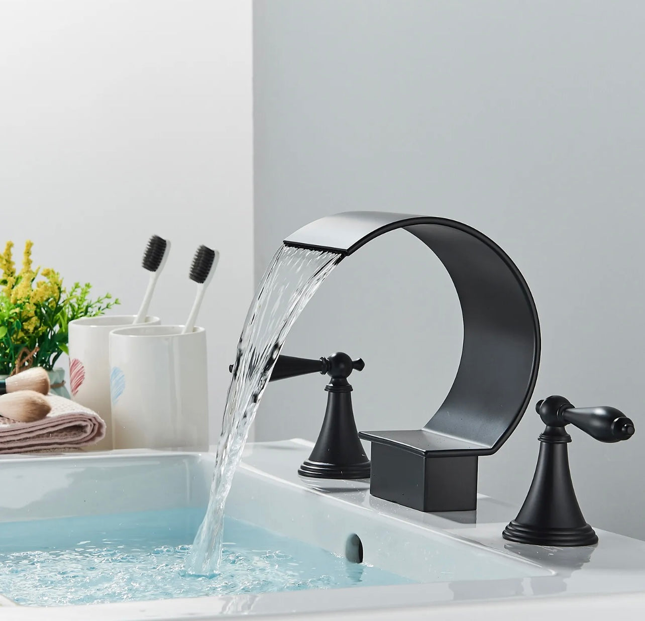 #1419 Matte Black 3 Holes 2 Handle High Arc Waterfall Spout Vanity Faucet