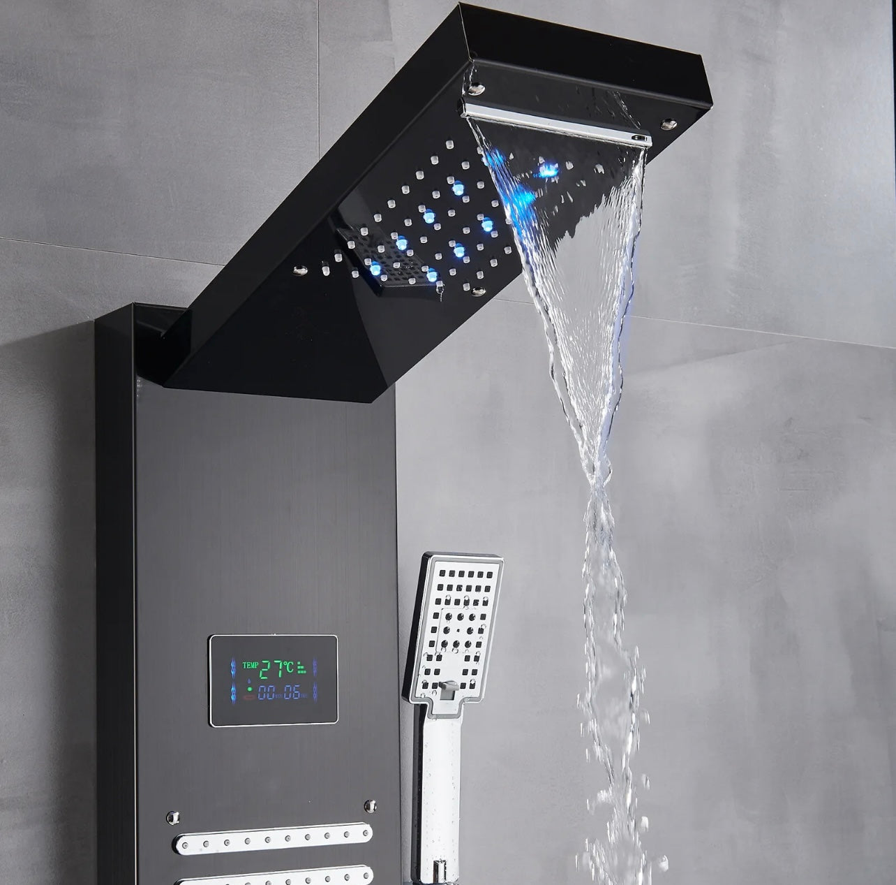 Stainless Steel LED Shower Panel 5-Funtion Tower Rain&Waterfall Massage Jets System Mixer