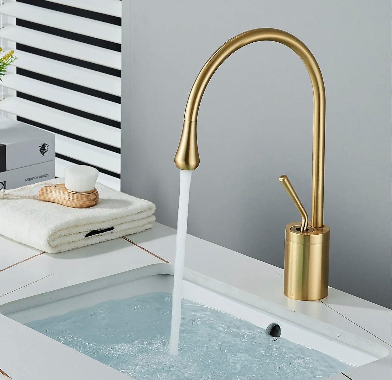 Brushed gold goose neck waterfall vanity faucet