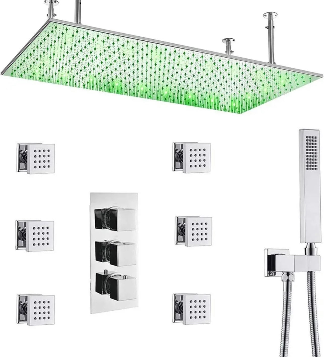 16x32 inch chrome led 3 function ceiling mount shower system with 6x massage jets