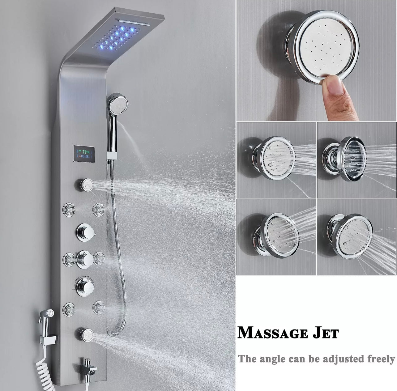 BRUSHED NICKEL 6 FUNCTION RAINFALL & WATERFALL LED SHOWER PANEL TOWER MASSAGE SPRAY SYSTEM