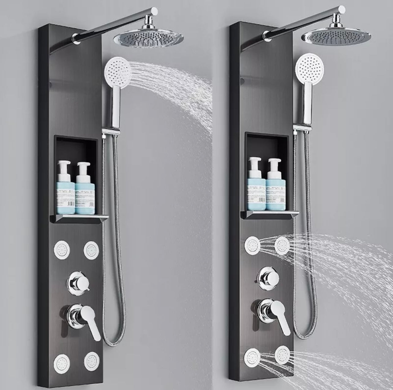 #1281 black stainless steel 8-inch 3 function shower panel with niche