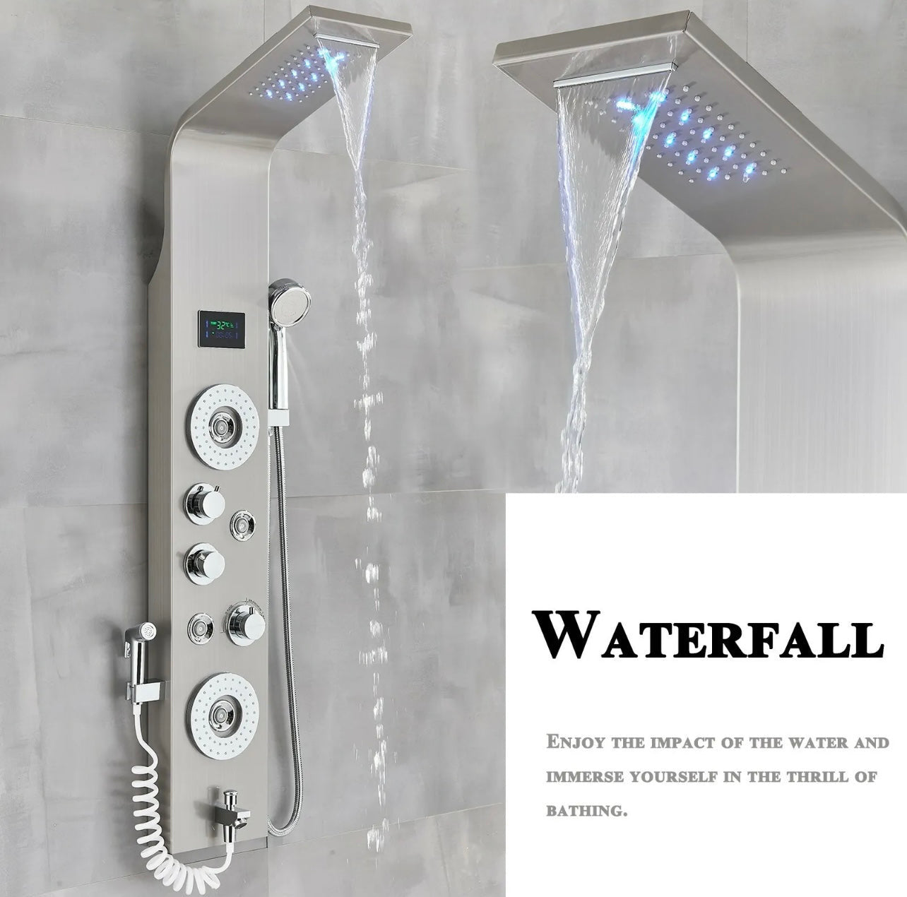 #1270 Brushed Nickel Stainless Steel Rainfall Waterfall LED Shower Panel Tower Massage Spray System