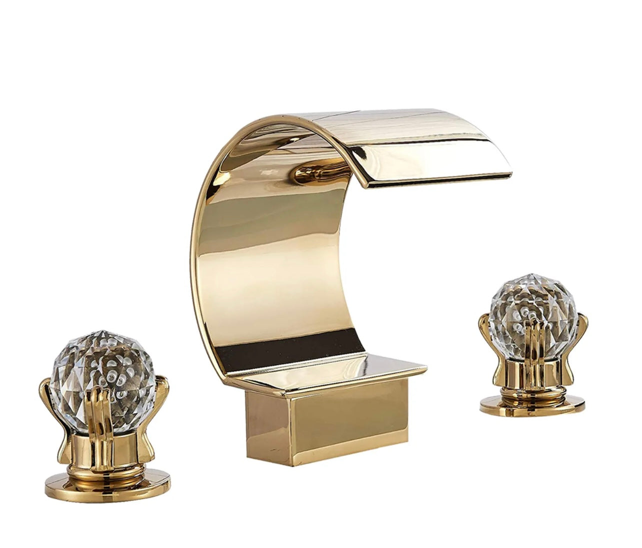 #1421 Gold 3 Holes 2 Handle Crystal Knobs High Arc Waterfall Spout Vanity Faucet