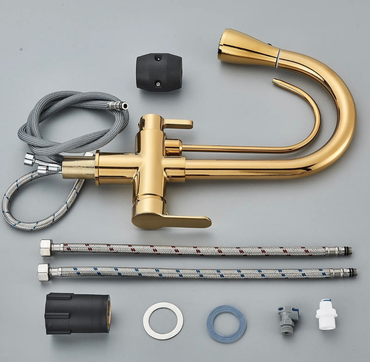 #1559 Gold Kitchen Sink Faucet Pull Down Sprayer 2 Handle 3 in 1 Water Filter Faucets