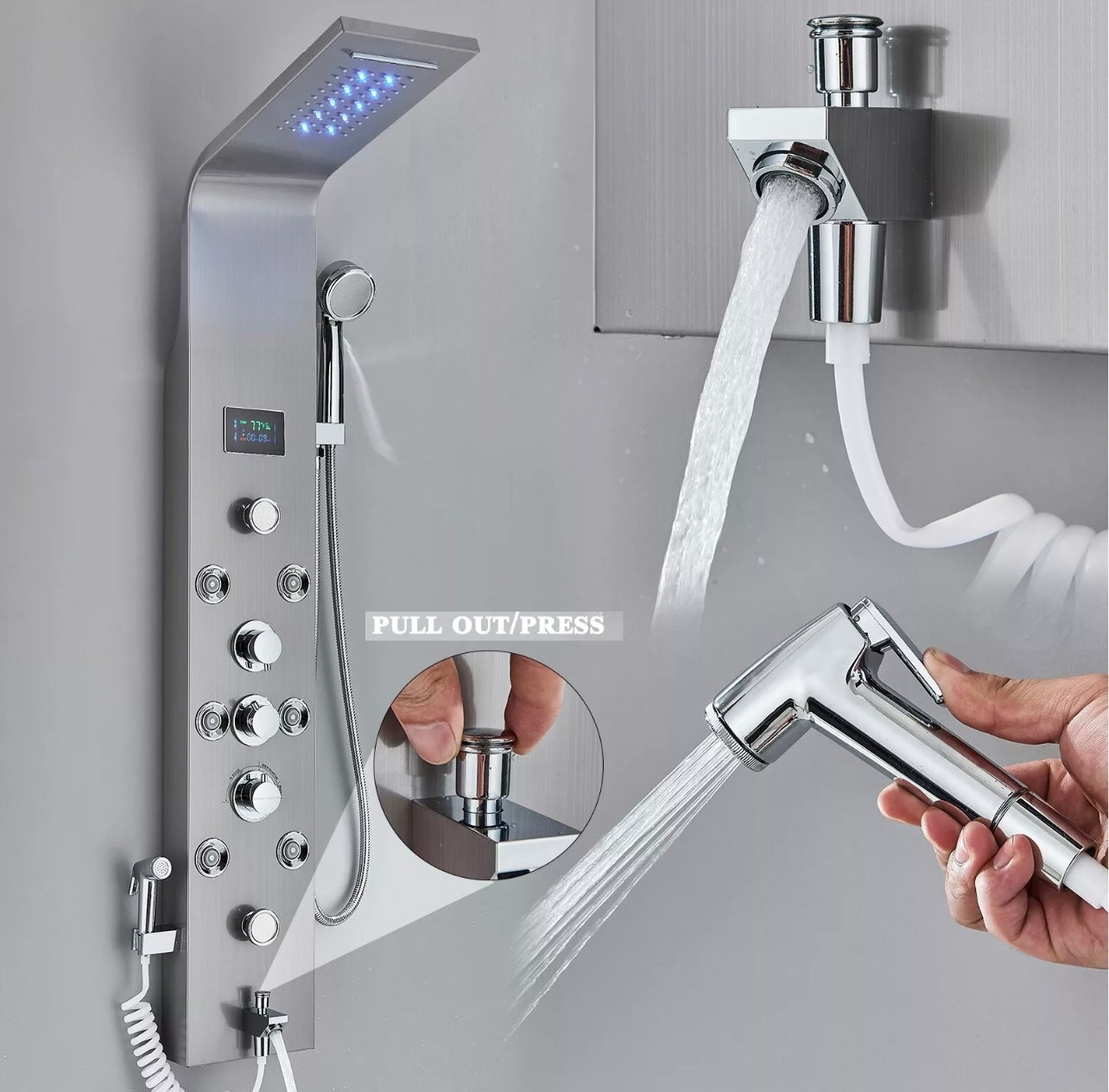 BRUSHED NICKEL 6 FUNCTION RAINFALL & WATERFALL LED SHOWER PANEL TOWER MASSAGE SPRAY SYSTEM