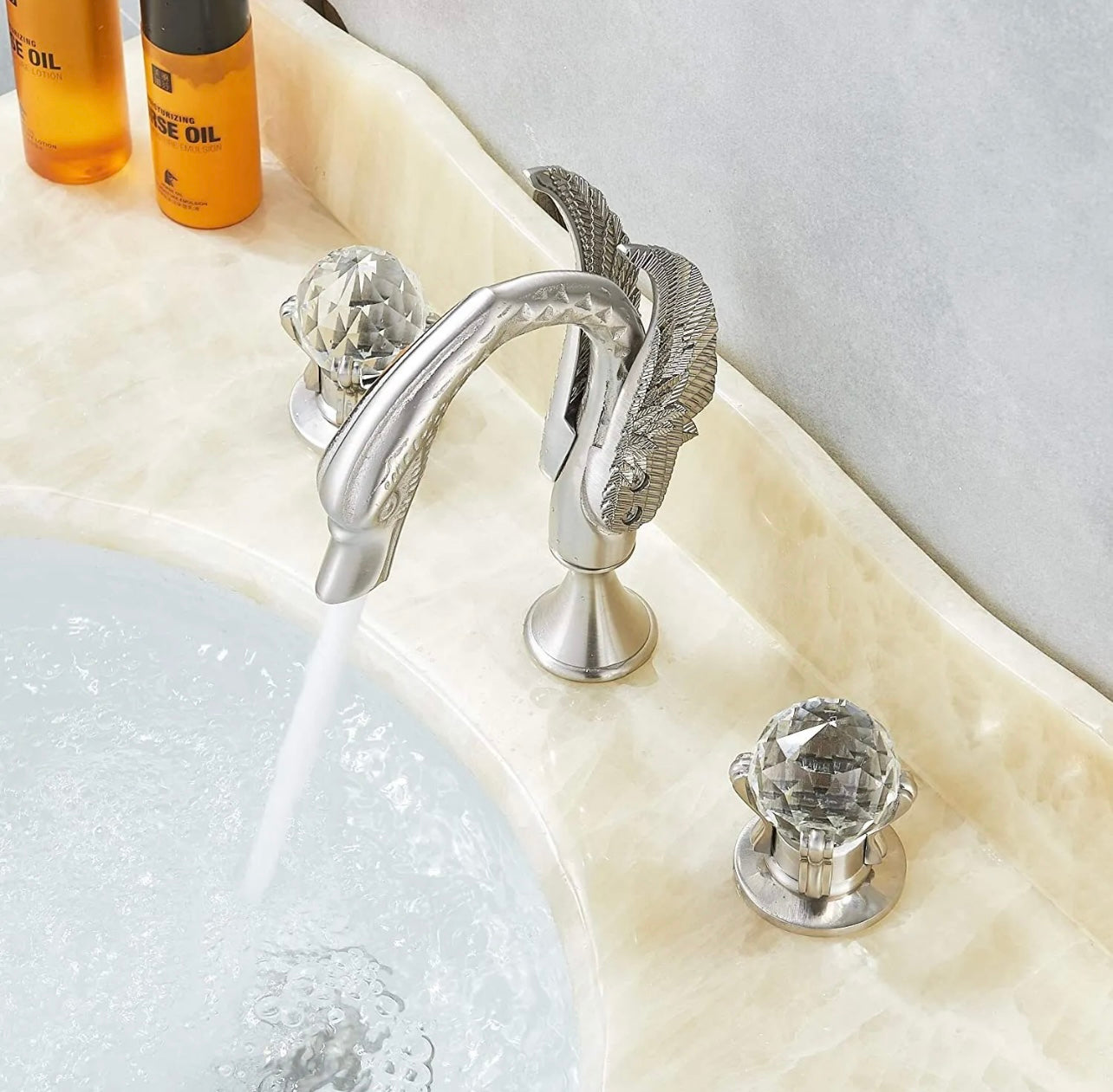#1413 Brushed Nickel Swan 2 Handle Crystal Knobs 3 Holes Waterfall Spout Vanity Faucet