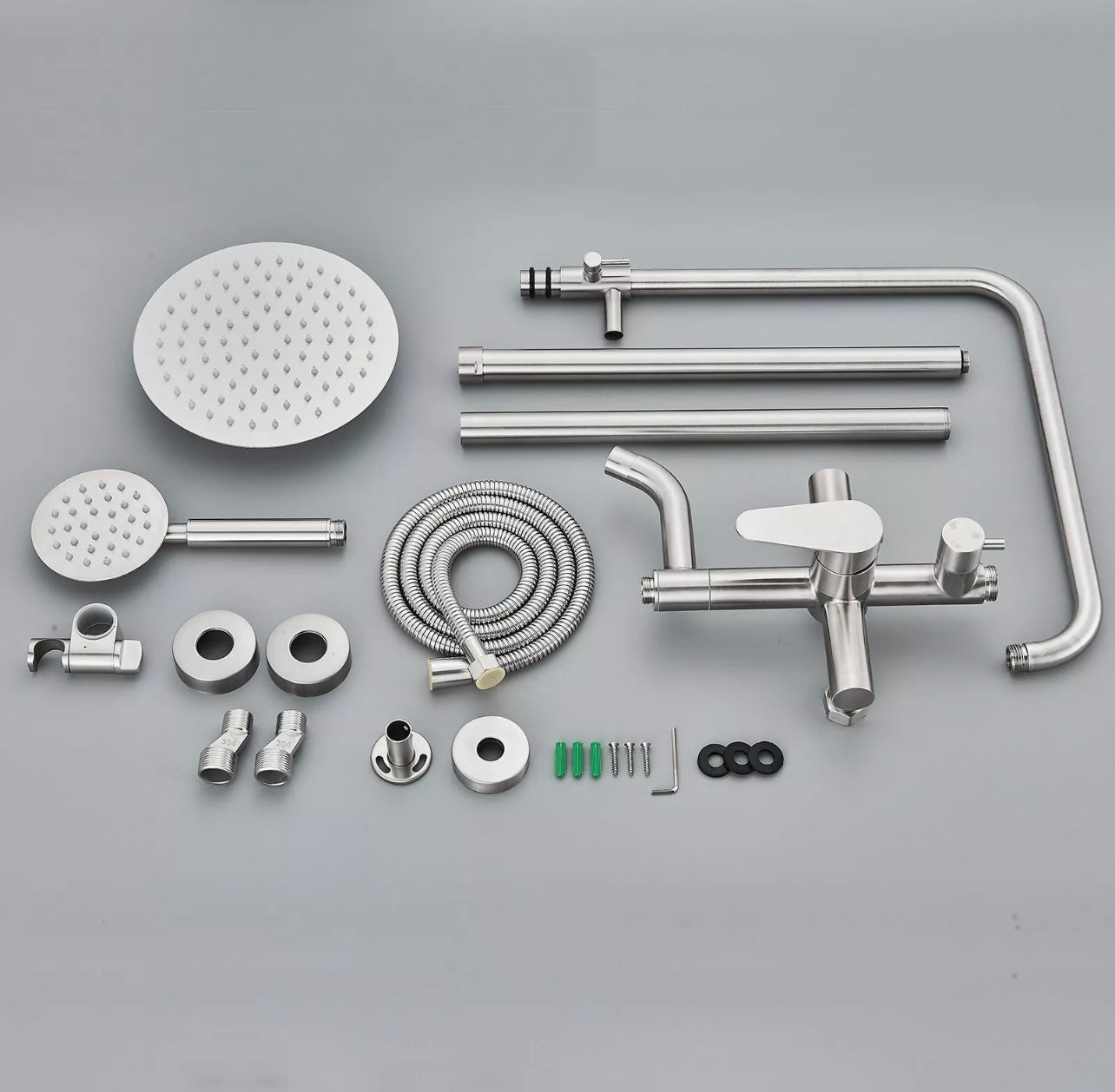 #1163 Brushed Nickel 8-Inch 3 In 1 Rain Outdoor/Indoor Shower Faucet Exposed Shower Fixture System Set