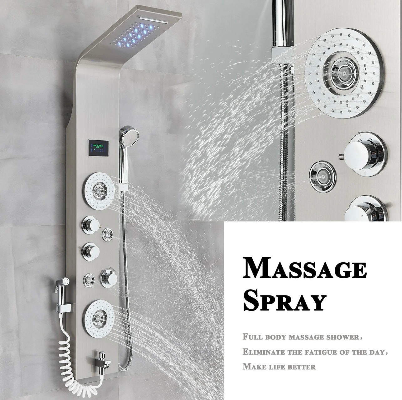 #1270 Brushed Nickel Stainless Steel Rainfall Waterfall LED Shower Panel Tower Massage Spray System