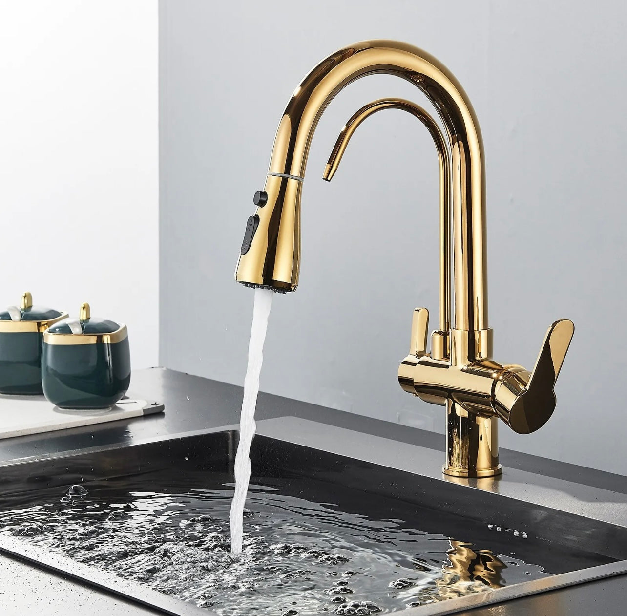 #1559 Gold Kitchen Sink Faucet Pull Down Sprayer 2 Handle 3 in 1 Water Filter Faucets