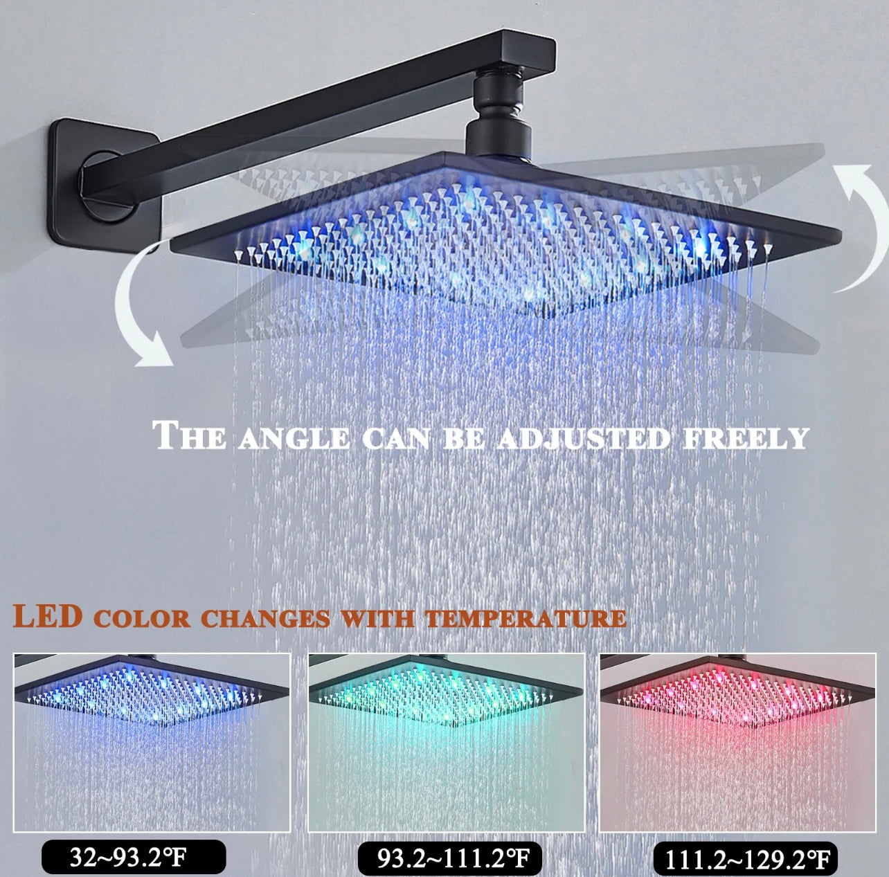 #1008 12 inch matte black led 2 function shower system