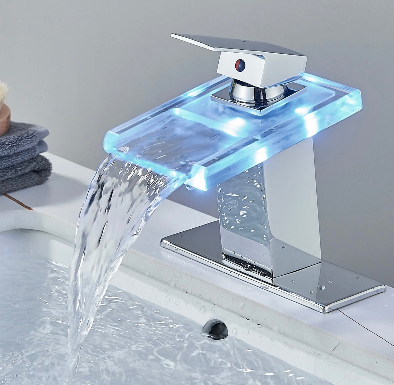 #1483 CHROME LED GLASS WATERFALL VANITY FAUCET