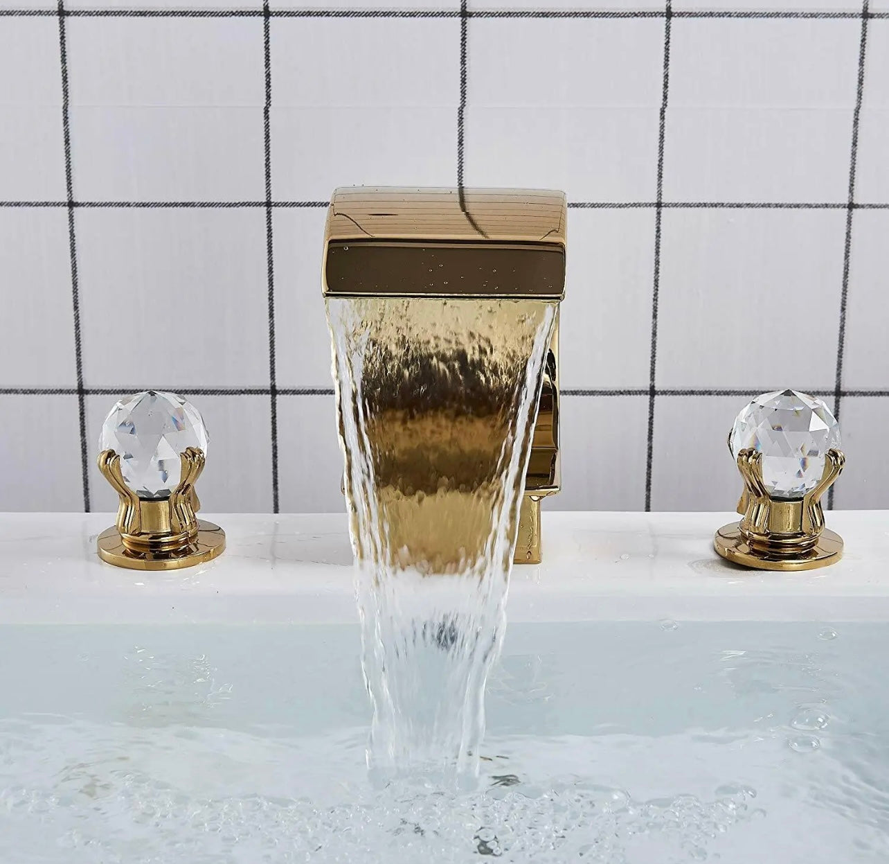#1421 Gold 3 Holes 2 Handle Crystal Knobs High Arc Waterfall Spout Vanity Faucet