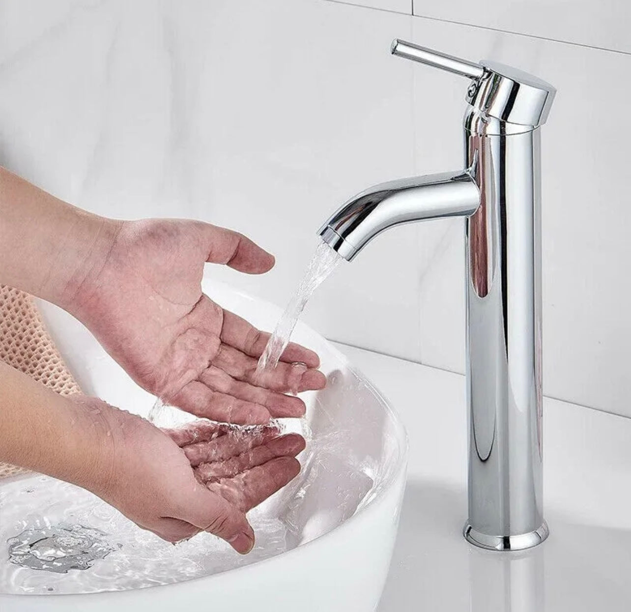 Chrome waterfall spout vessel faucet