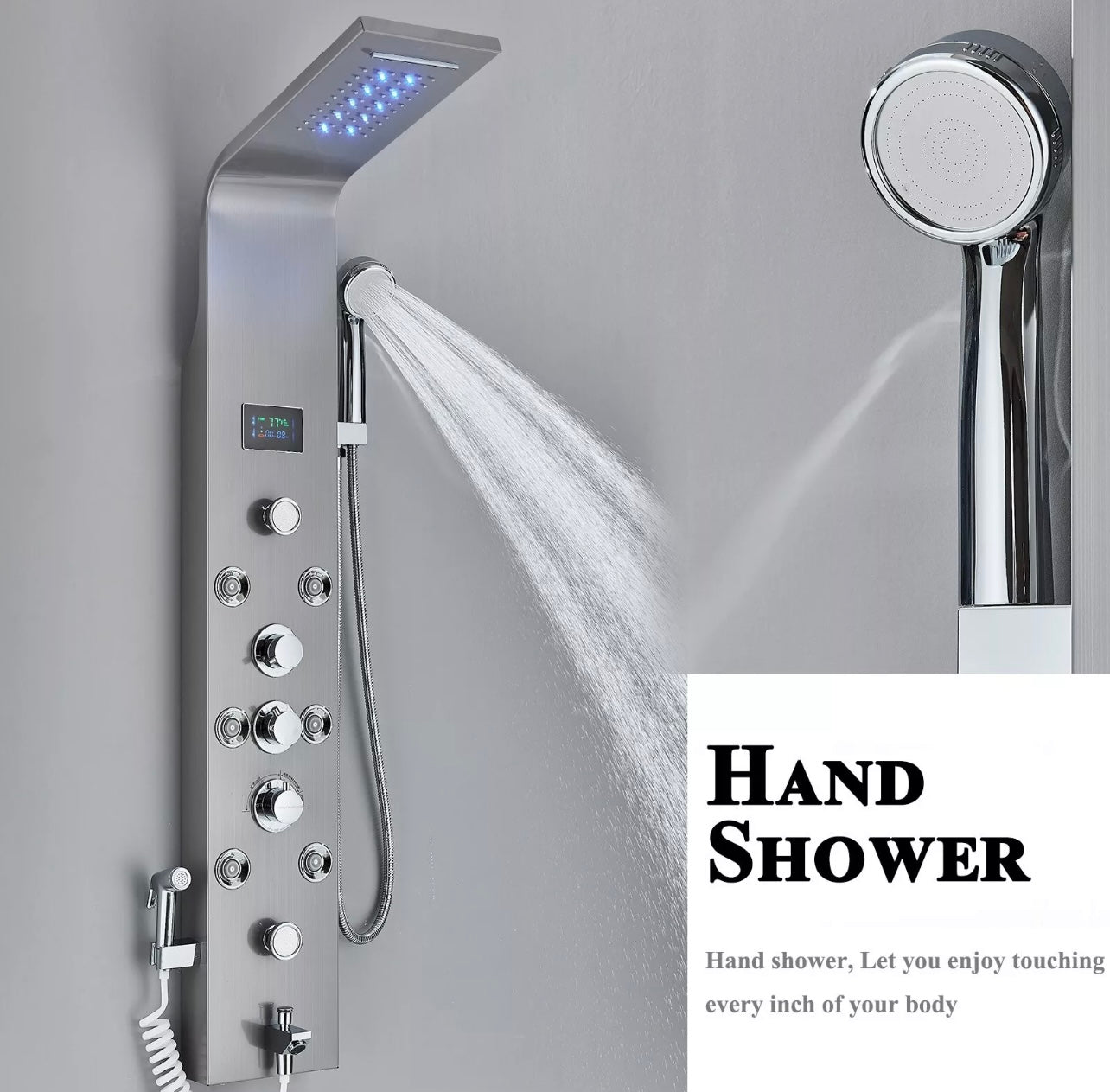 BRUSHED NICKEL 6 FUNCTION RAINFALL & WATERFALL LED SHOWER PANEL TOWER MASSAGE SPRAY SYSTEM