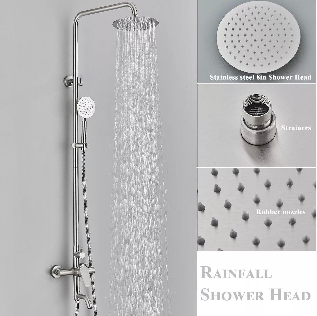 #1163 Brushed Nickel 8-Inch 3 In 1 Rain Outdoor/Indoor Shower Faucet Exposed Shower Fixture System Set