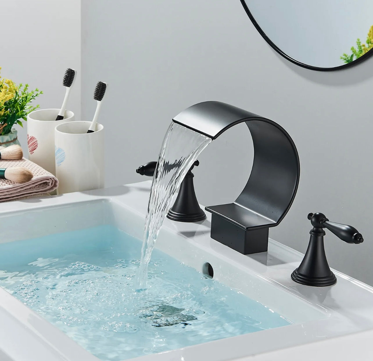 #1419 Matte Black 3 Holes 2 Handle High Arc Waterfall Spout Vanity Faucet