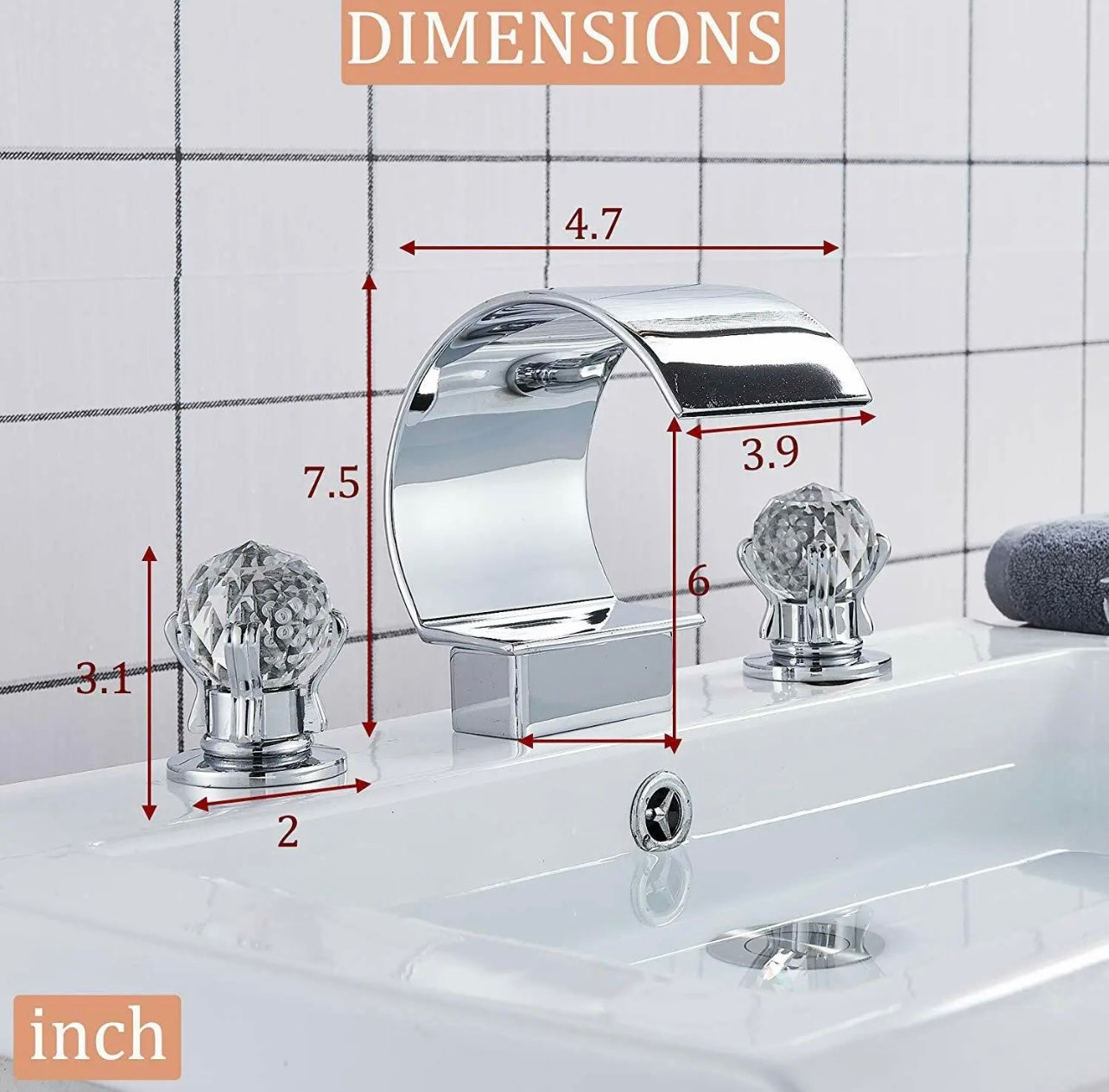 Chrome 3 Holes 2 Handle Crystal Knobs High Arc Waterfall Spout Vanity Faucet