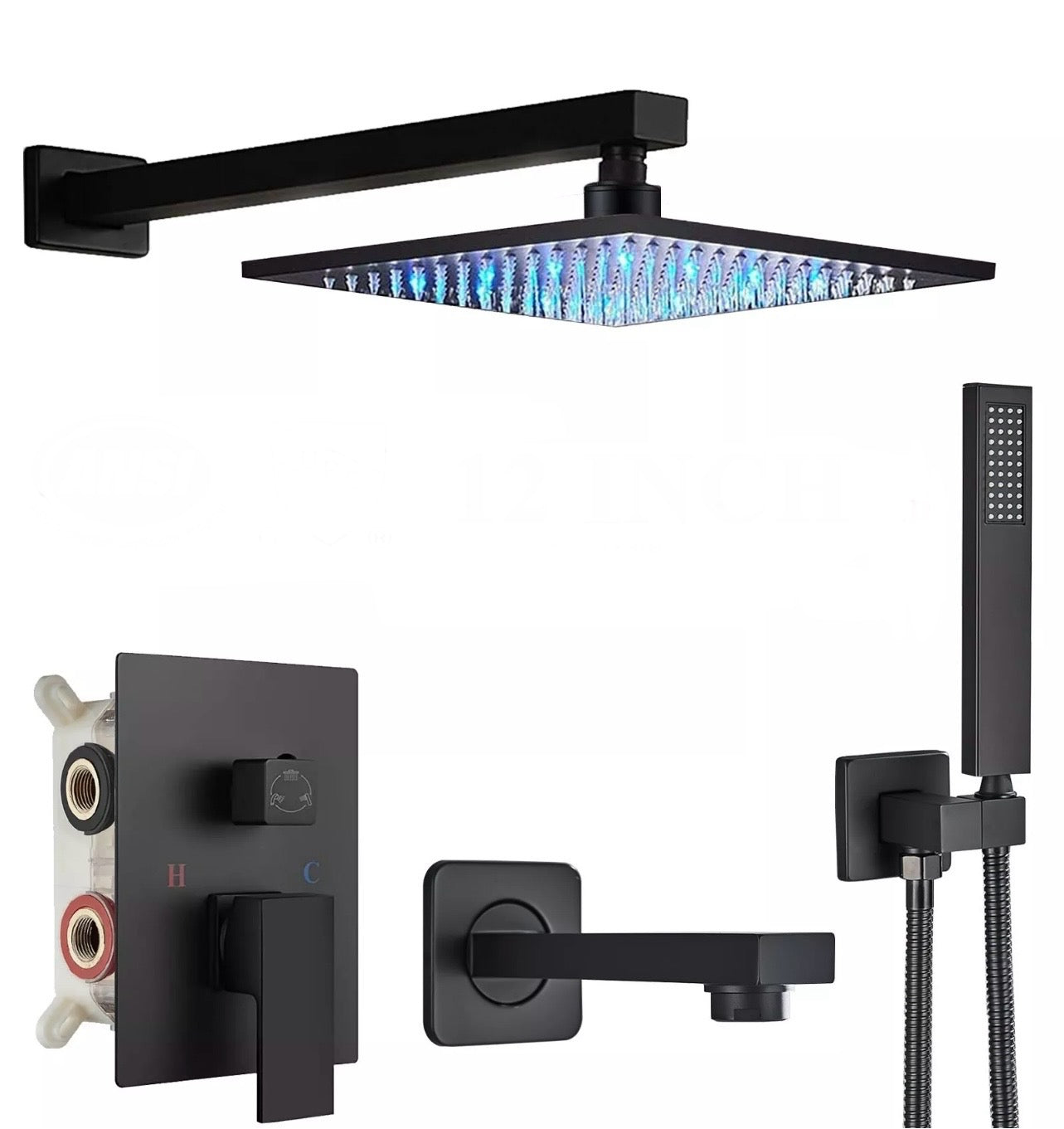 12 inch matte black led 3 function shower system