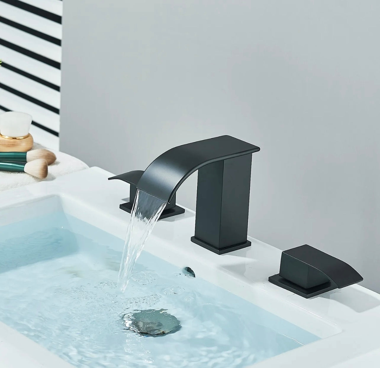 #1411 Matte Black 3 Holes 2 Handle Waterfall spout vanity faucet