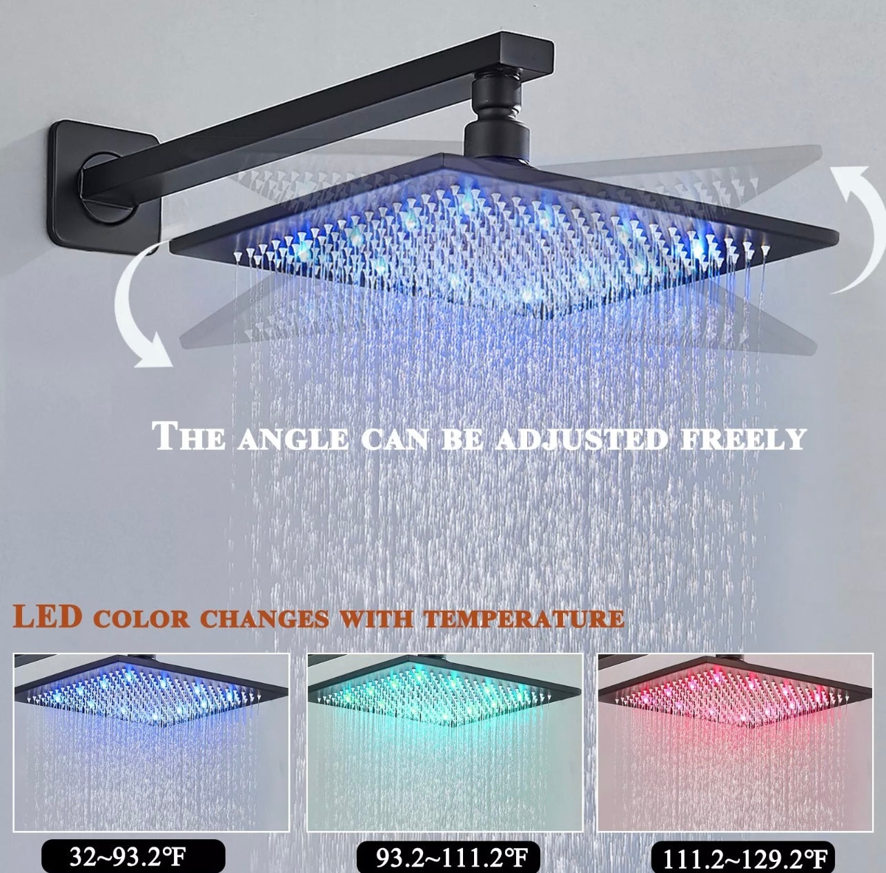 12 inch matte black led 3 function shower system