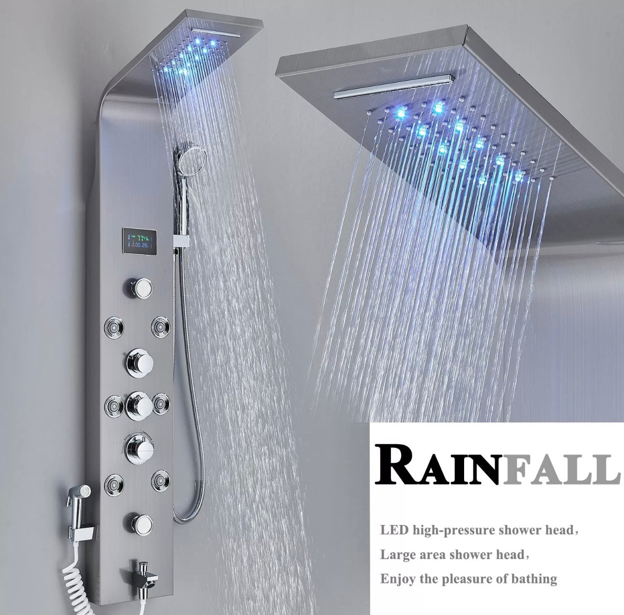 BRUSHED NICKEL 6 FUNCTION RAINFALL & WATERFALL LED SHOWER PANEL TOWER MASSAGE SPRAY SYSTEM
