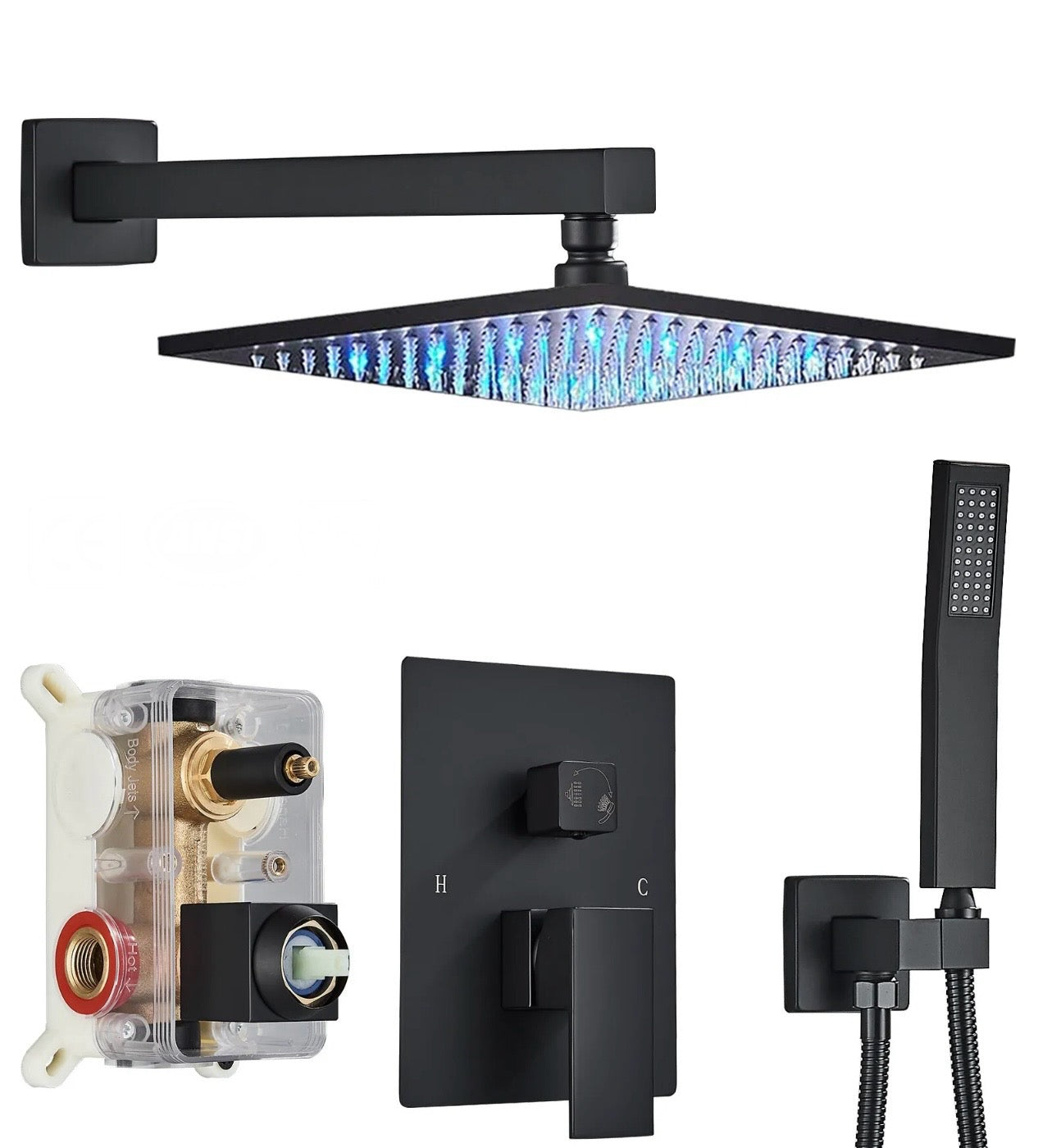 #1008 12 inch matte black led 2 function shower system