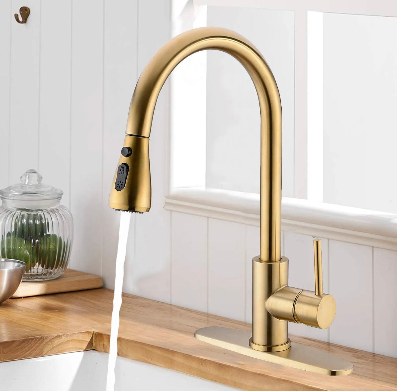 Brushed gold pull out kitchen faucet