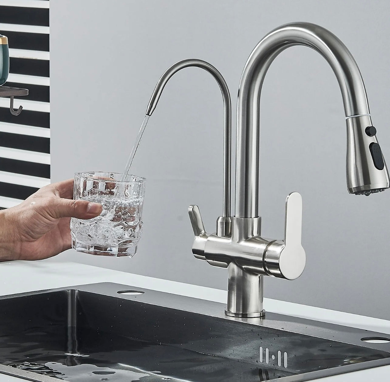 #1570 Touch Sensor Kitchen Sink Faucet Pull Down 2 Handle 3 in 1 Water Filter Faucet
